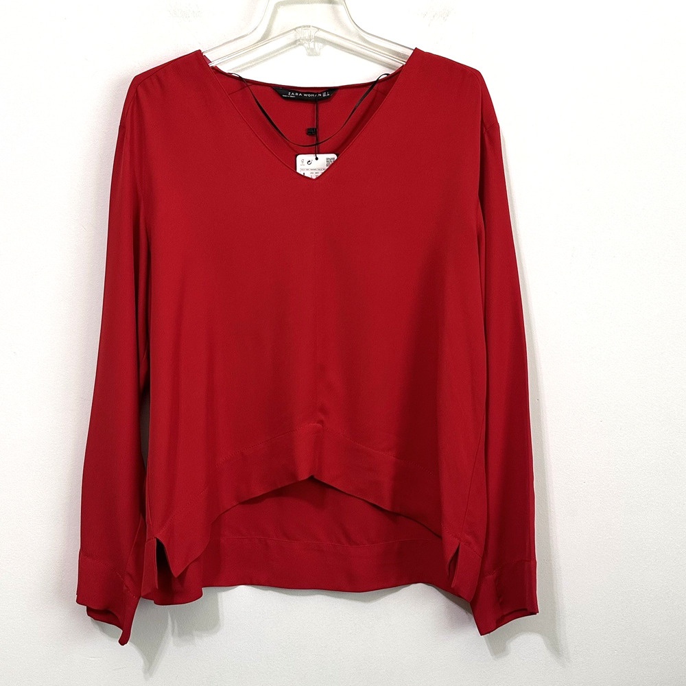 Zara Woman Popover Top L Red V Neck Hi Low Hem Long Sleeve Party Work‎ Shirt NEW